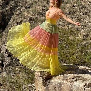 💐💗$298 Anthropologie Area Stars Rainbow Chiffon Maxi Dress XS Boho💗💐
